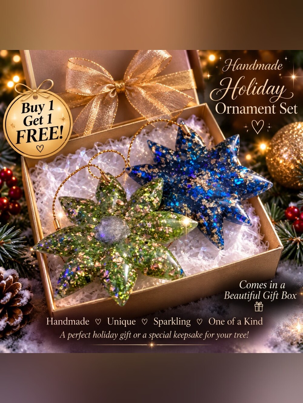 Handmade Holiday Ornament Set - Green & Blue Star Ornaments